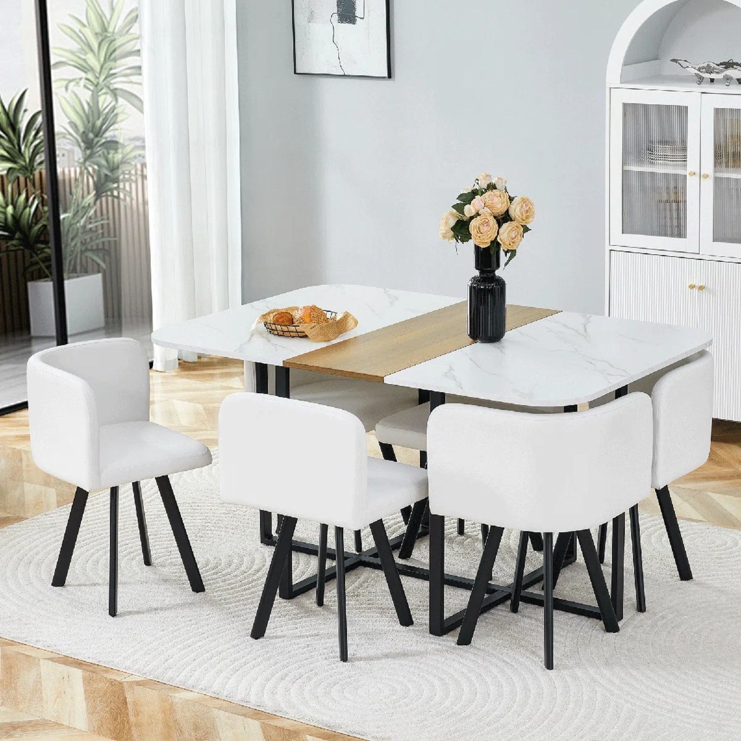  Wayfair Wood Dining Table Set With 6 PU Leather Chairs - image-8