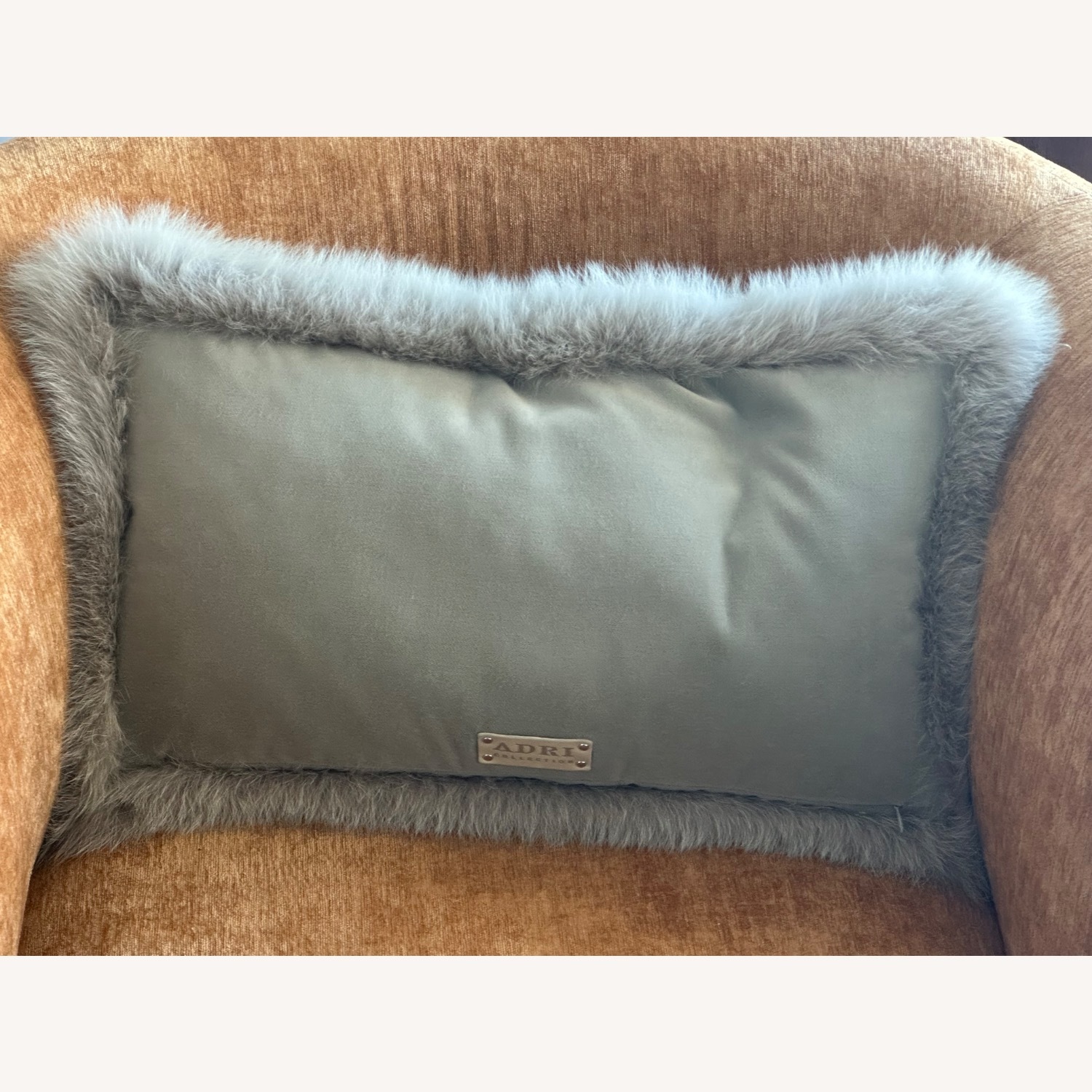 Light Gray Velvet Pillow with Fox Fur Trim - image-2