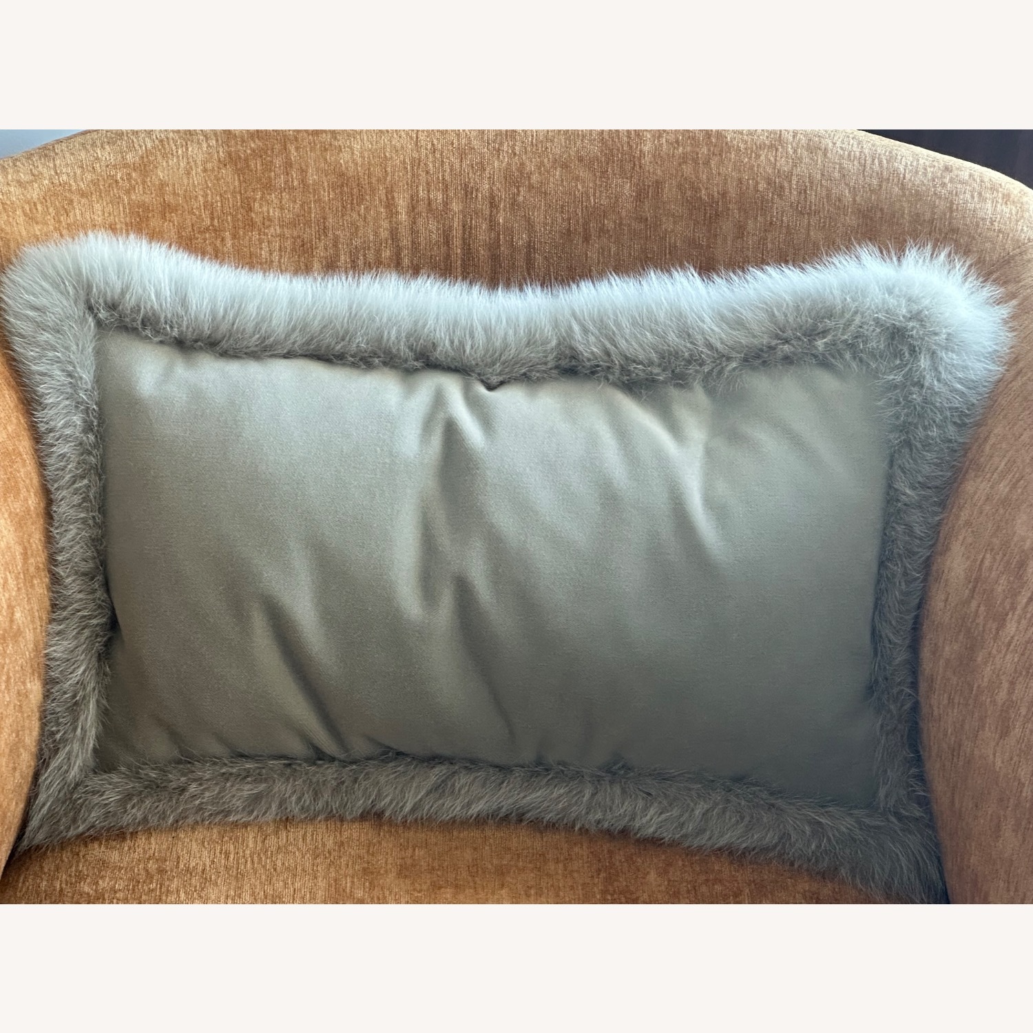 Light Gray Velvet Pillow with Fox Fur Trim - image-1