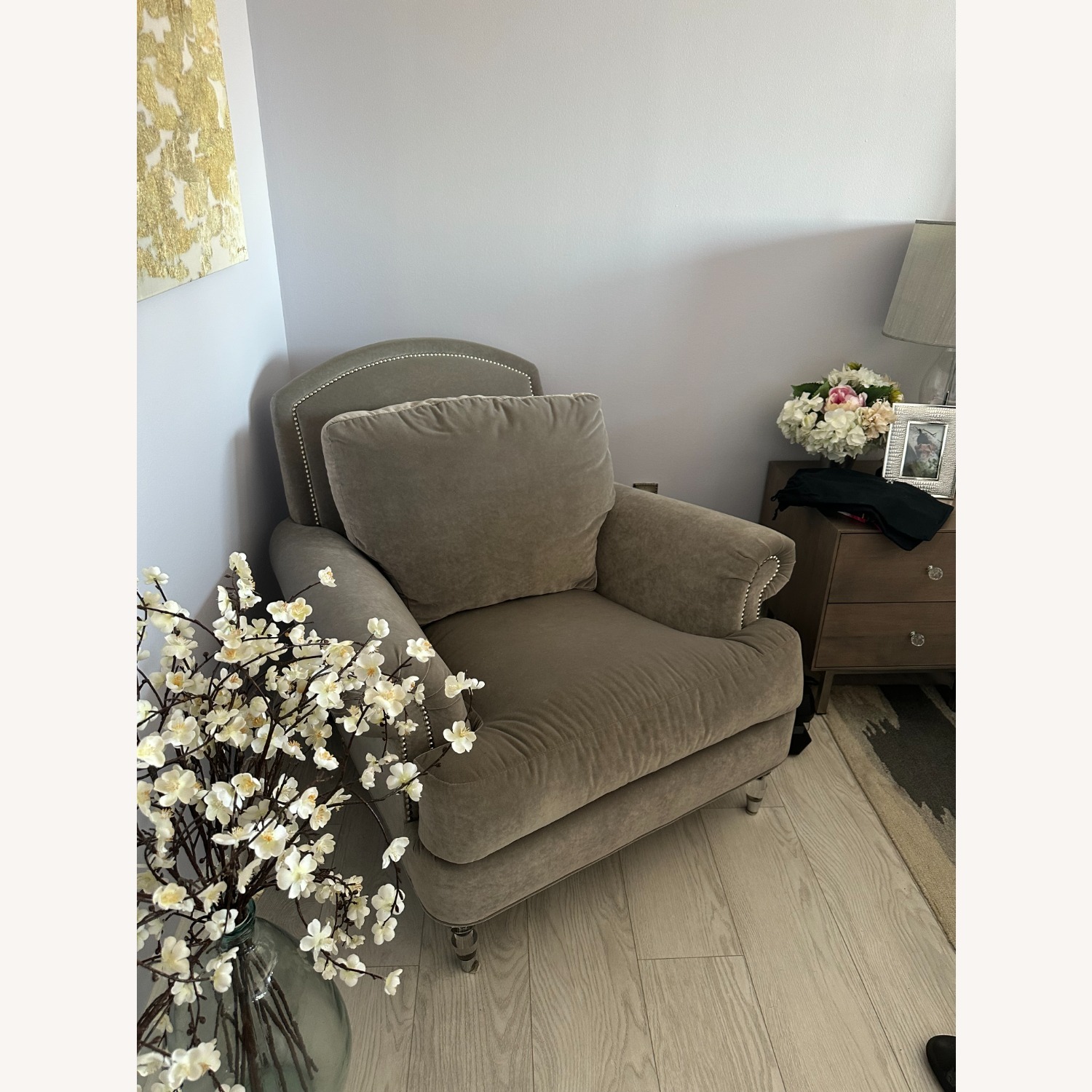Ethan Allen Light Gray Velvet Armchair - image-2