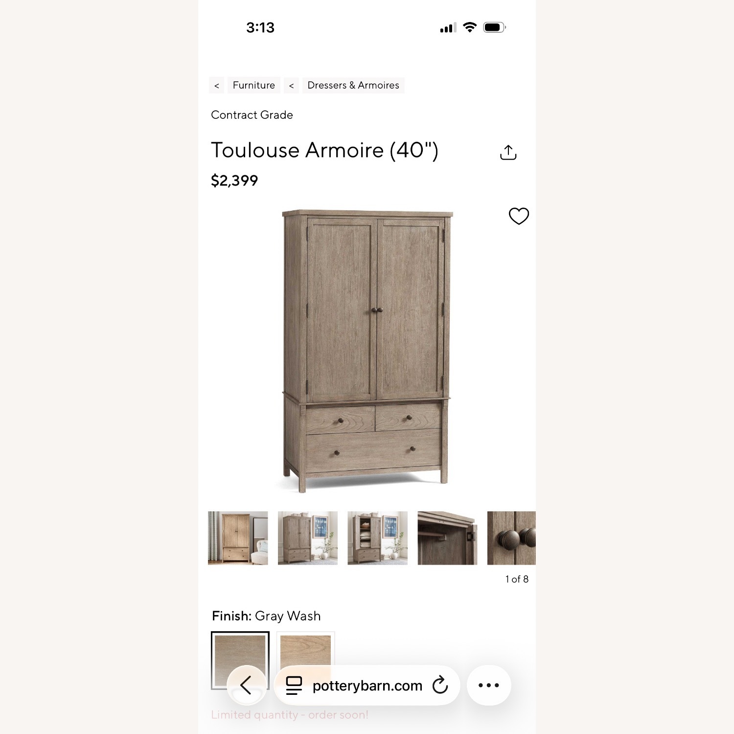 Pottery Barn Light Gray Wood Armoire - image-3