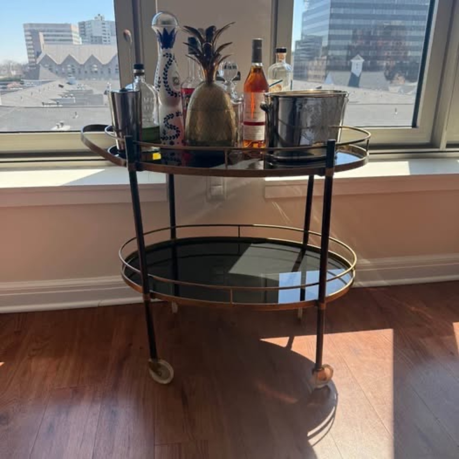  Vintage Brass Rolling Bar Cart Glass Shelves  - image-4