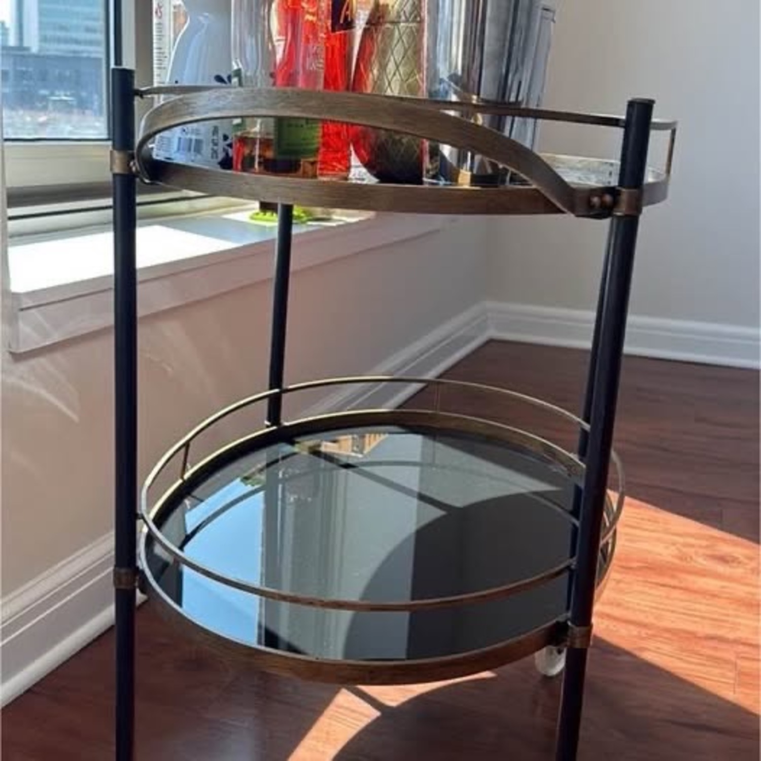  Vintage Brass Rolling Bar Cart Glass Shelves  - image-2
