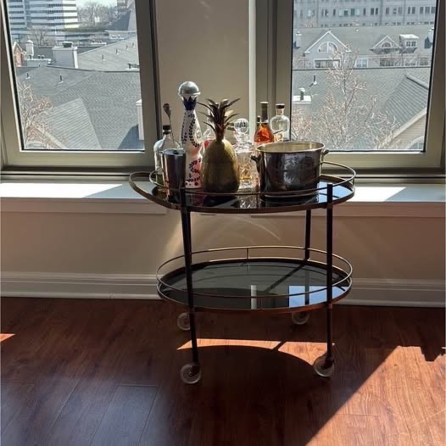  Vintage Brass Rolling Bar Cart Glass Shelves  - image-1