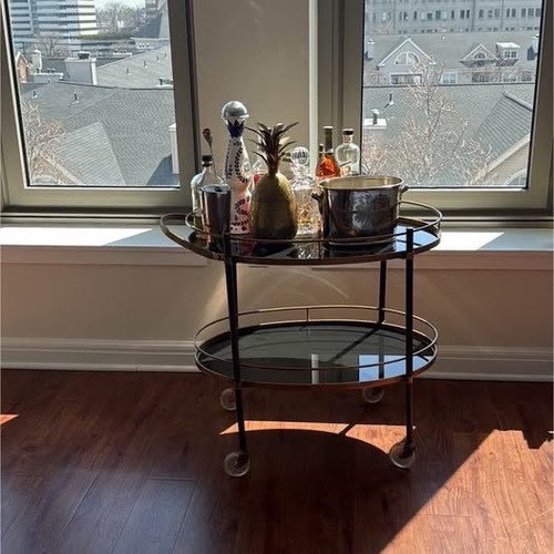 Used  Vintage Brass Rolling Bar Cart Glass Shelves  for sale on AptDeco