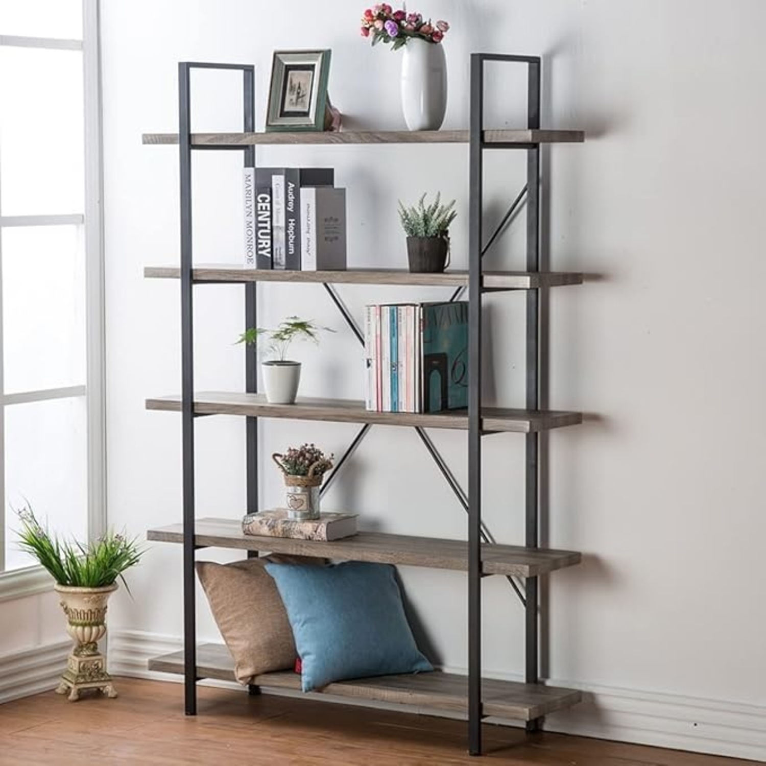 Amazon 5-Shelf Vintage Industrial Rustic Bookshelf - image-4