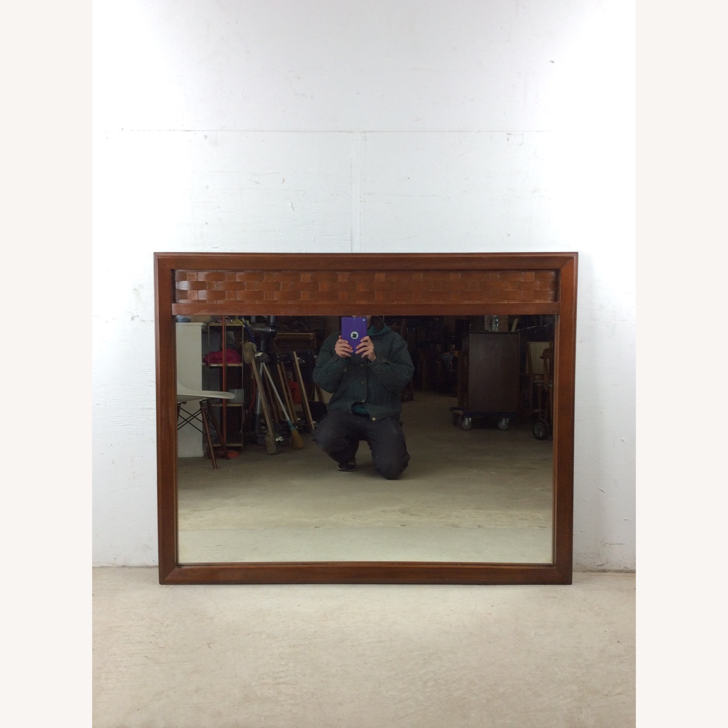 Mid Century Wall Mirror with Basket Weave Detail - image-2