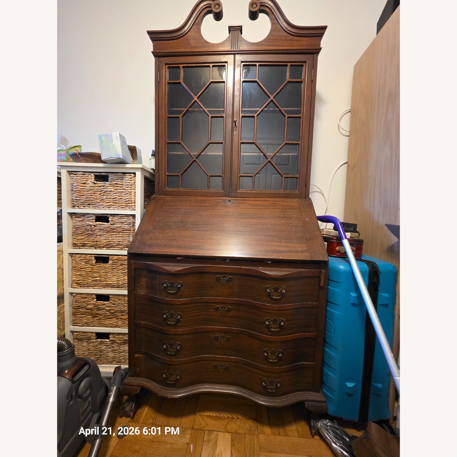 Antique Dark Brown Wood Desk Armoire - image-5