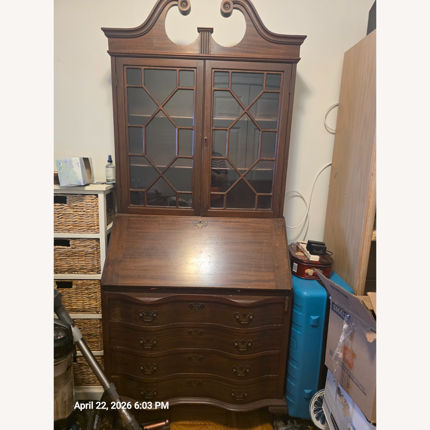Antique Dark Brown Wood Desk Armoire - image-1