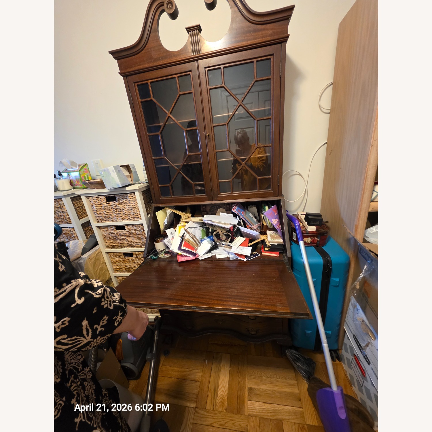 Antique Dark Brown Wood Desk Armoire - image-3