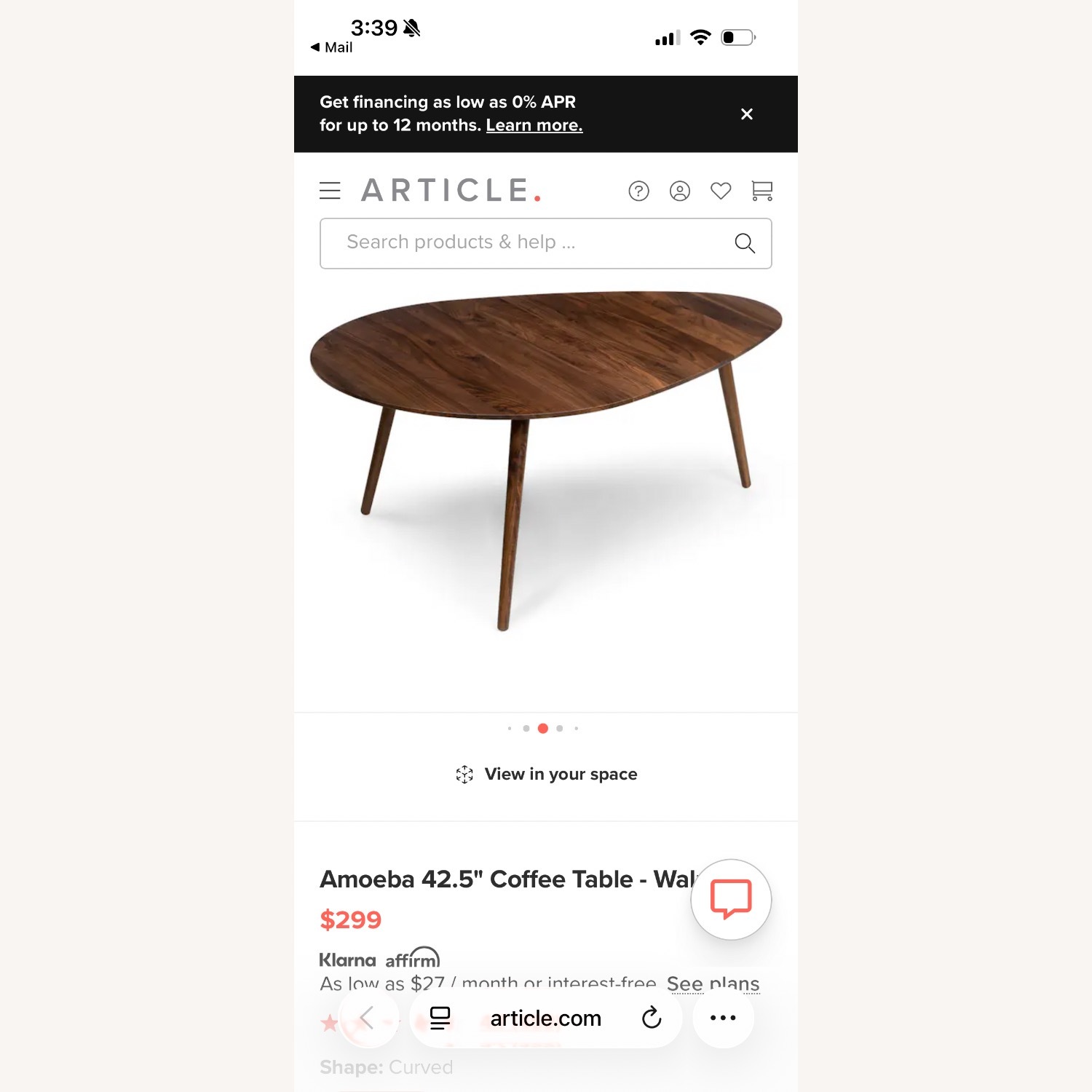 Article Amoeba 42.5" Coffee Table - Walnut - image-5