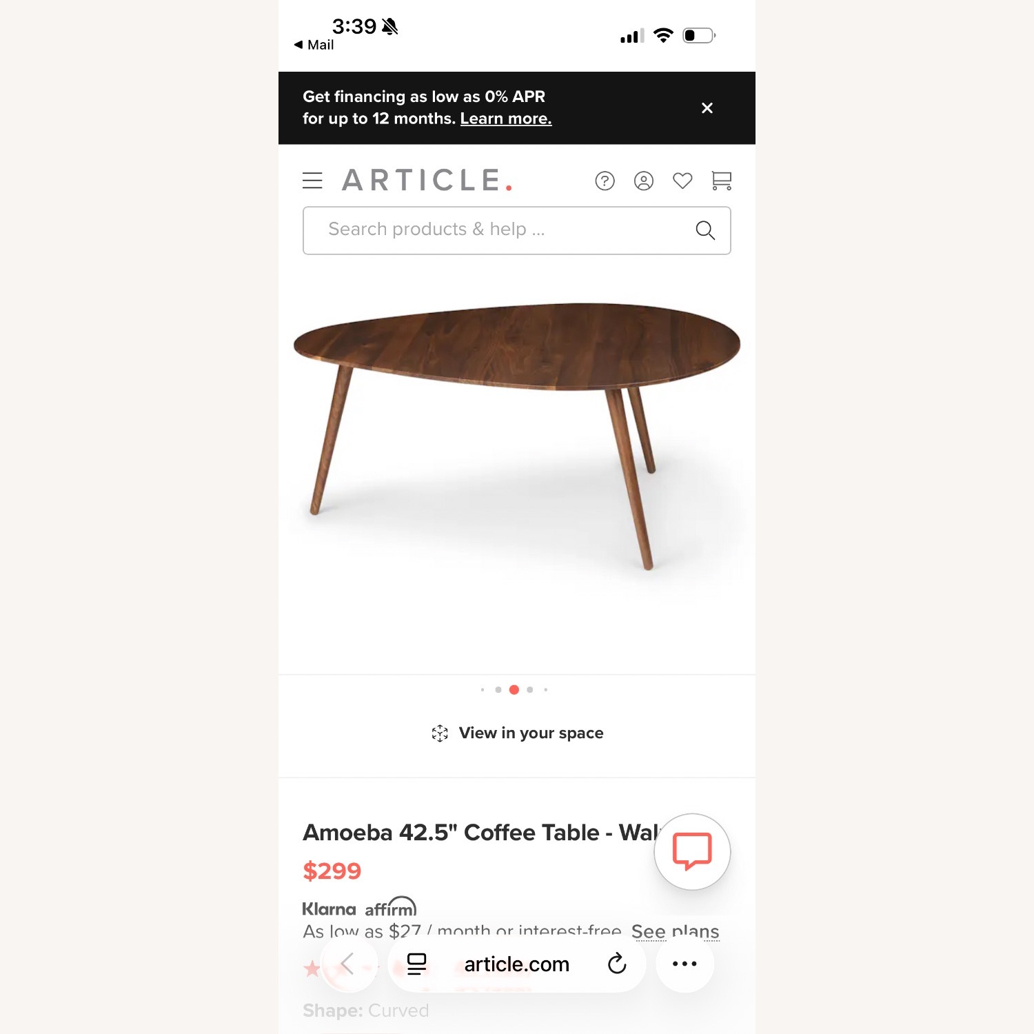 Article Amoeba 42.5" Coffee Table - Walnut - image-3