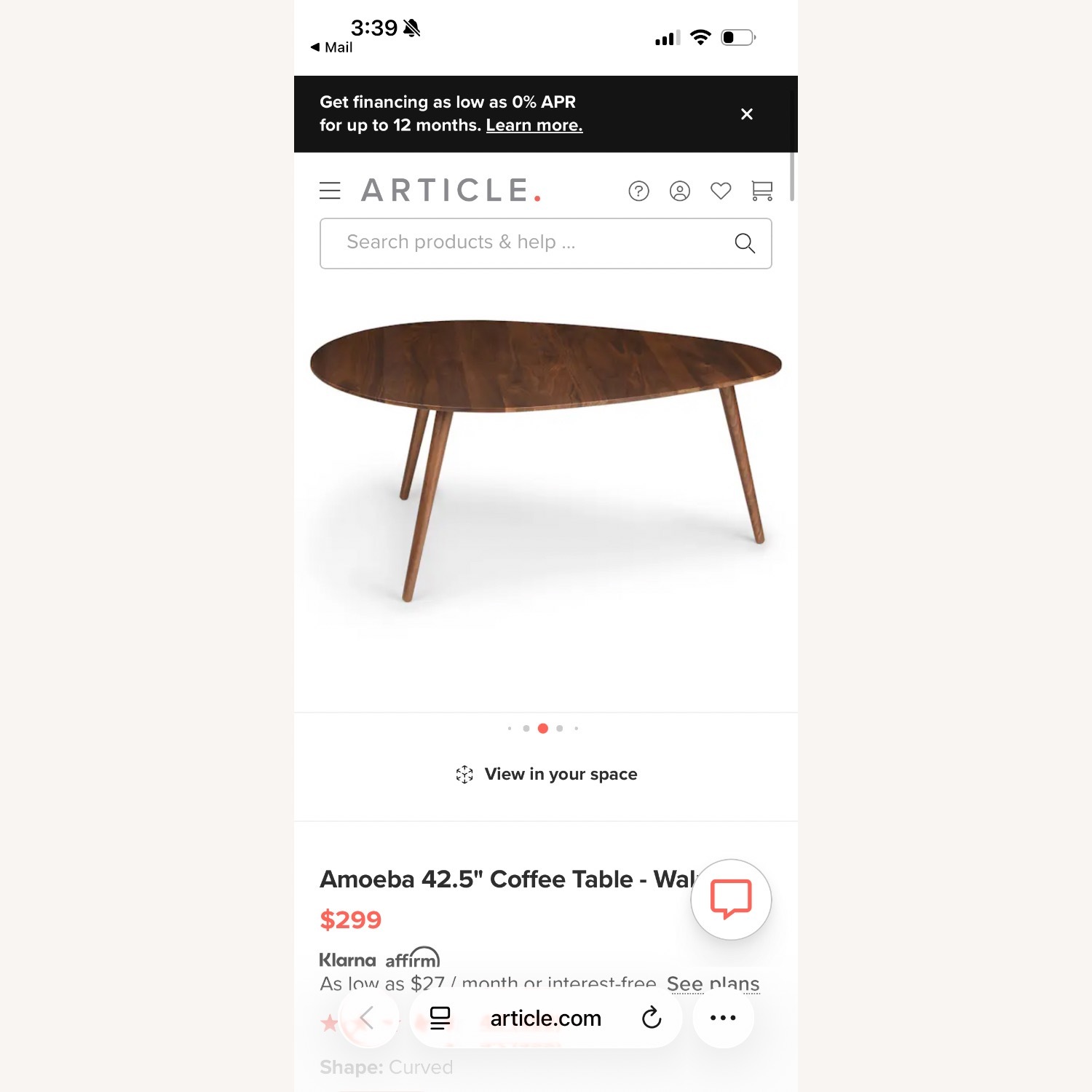 Article Amoeba 42.5" Coffee Table - Walnut - image-4