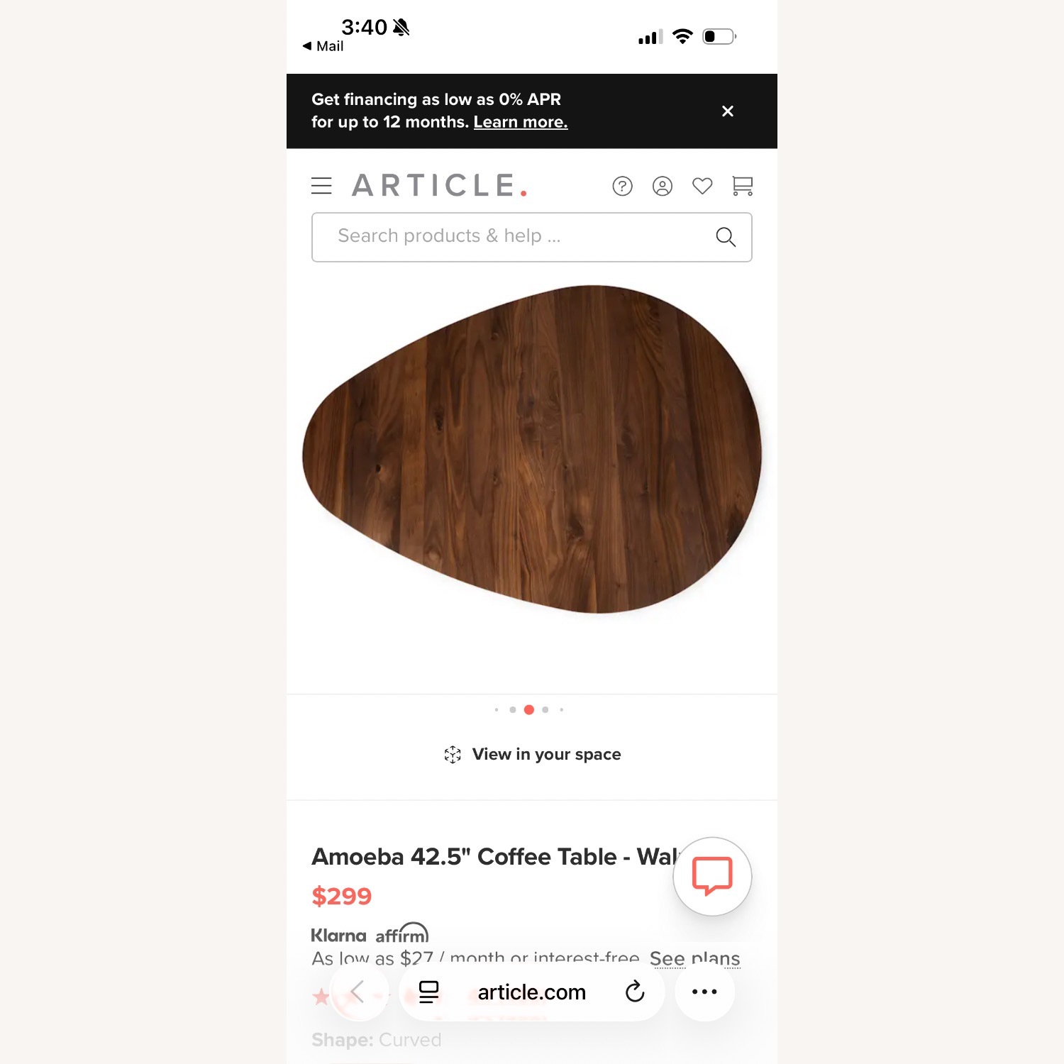 Article Amoeba 42.5" Coffee Table - Walnut - image-2