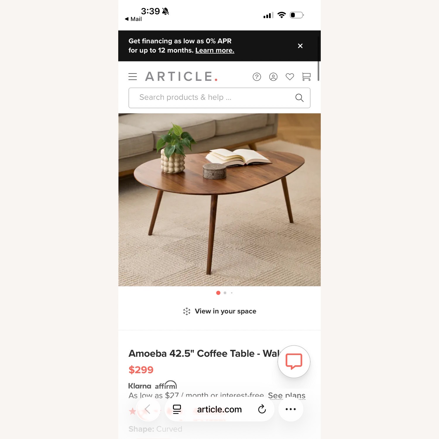Article Amoeba 42.5" Coffee Table - Walnut - image-6