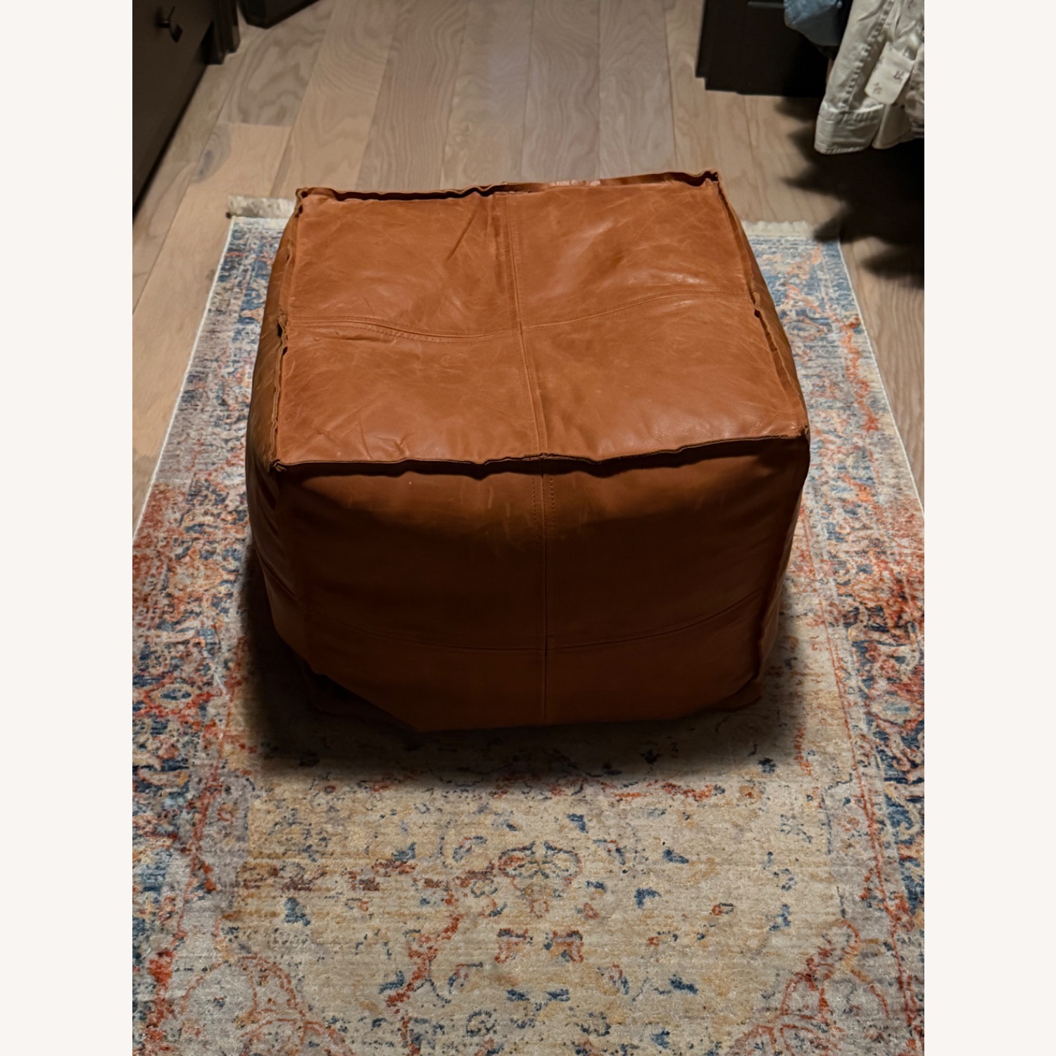 Vintage-Style Cognac Leather Pouf Ottoman - image-5