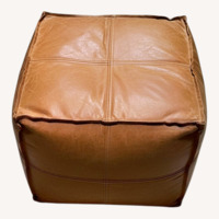 Vintage-Style Cognac Leather Pouf Ottoman