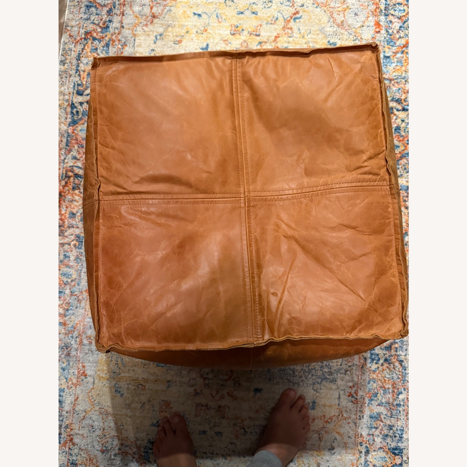 Vintage-Style Cognac Leather Pouf Ottoman - image-1