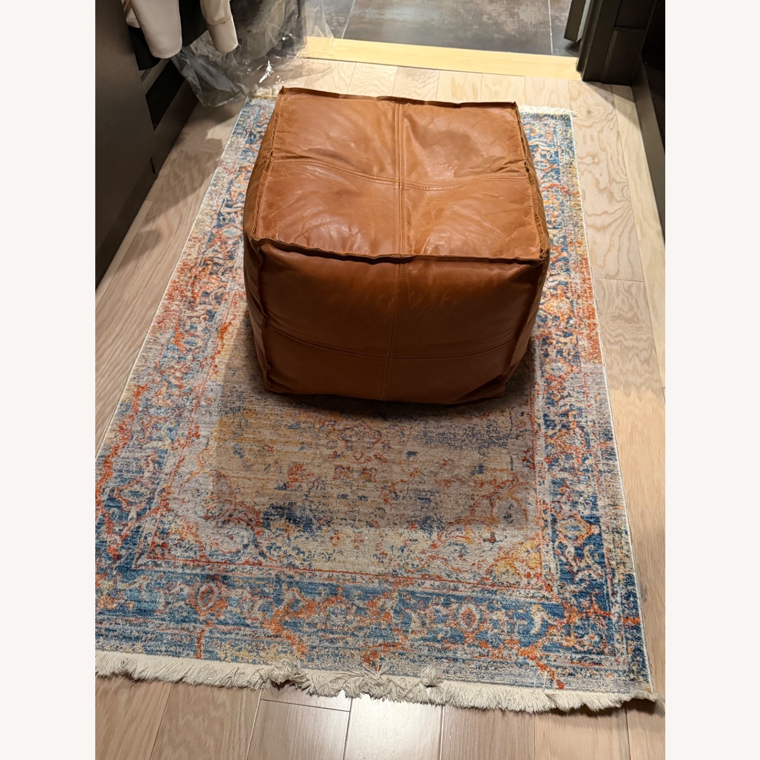 Vintage-Style Cognac Leather Pouf Ottoman - image-2