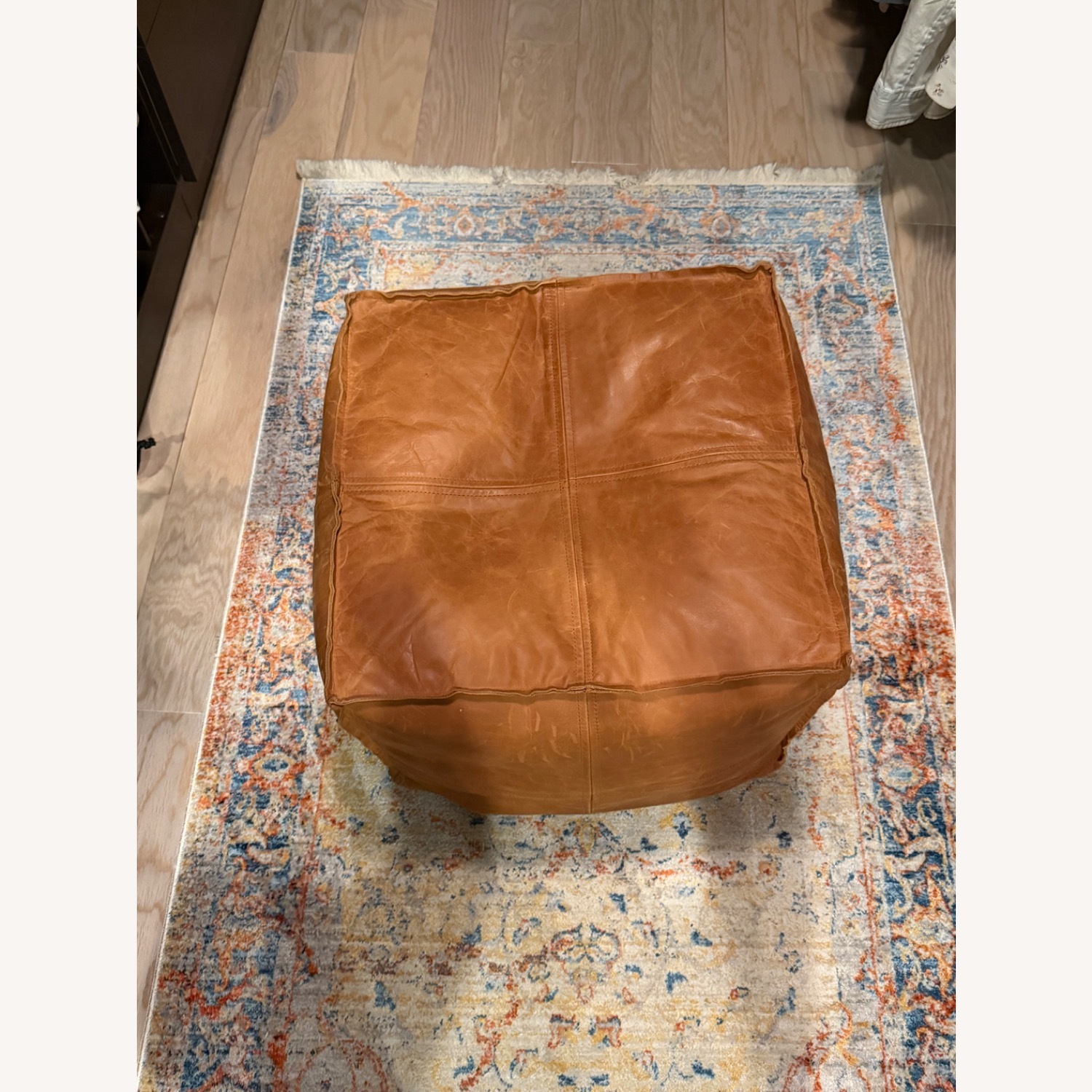 Vintage-Style Cognac Leather Pouf Ottoman - image-3
