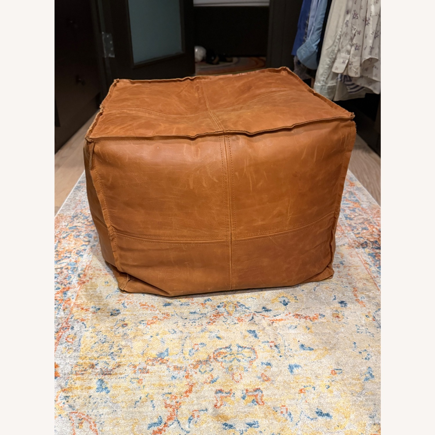 Vintage-Style Cognac Leather Pouf Ottoman - image-4