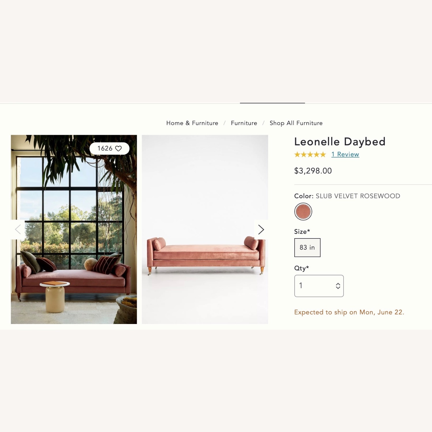 Anthropologie Pink Velvet Daybed - image-1