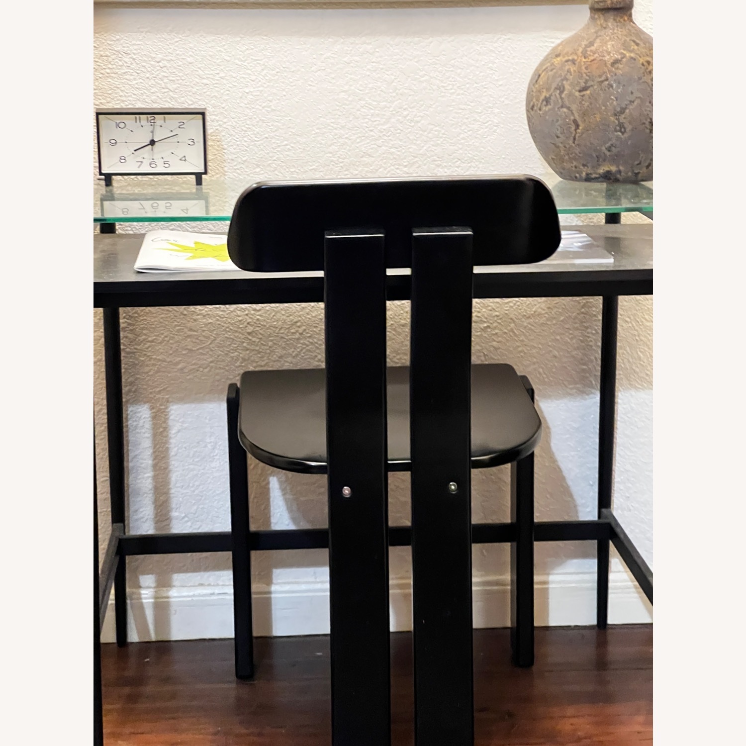 Mid-Century Glass Desk with Woodgrain Shelf - image-3