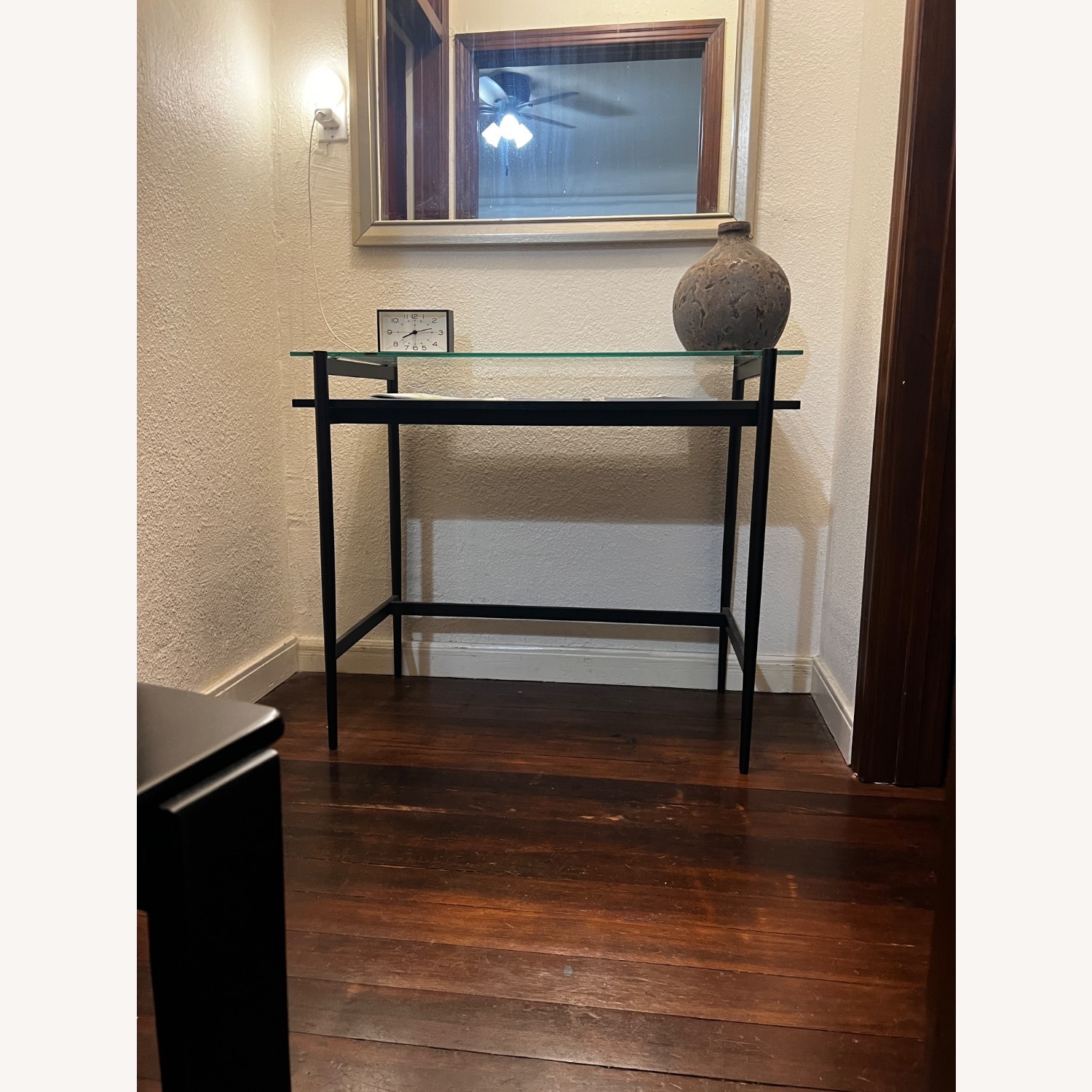 Mid-Century Glass Desk with Woodgrain Shelf - image-5