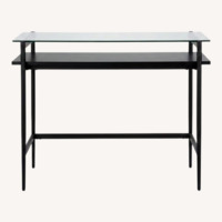 Mid-Century Glass Desk with Woodgrain Shelf