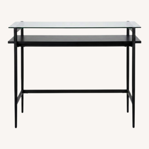Used Mid-Century Glass Desk with Woodgrain Shelf for sale on AptDeco