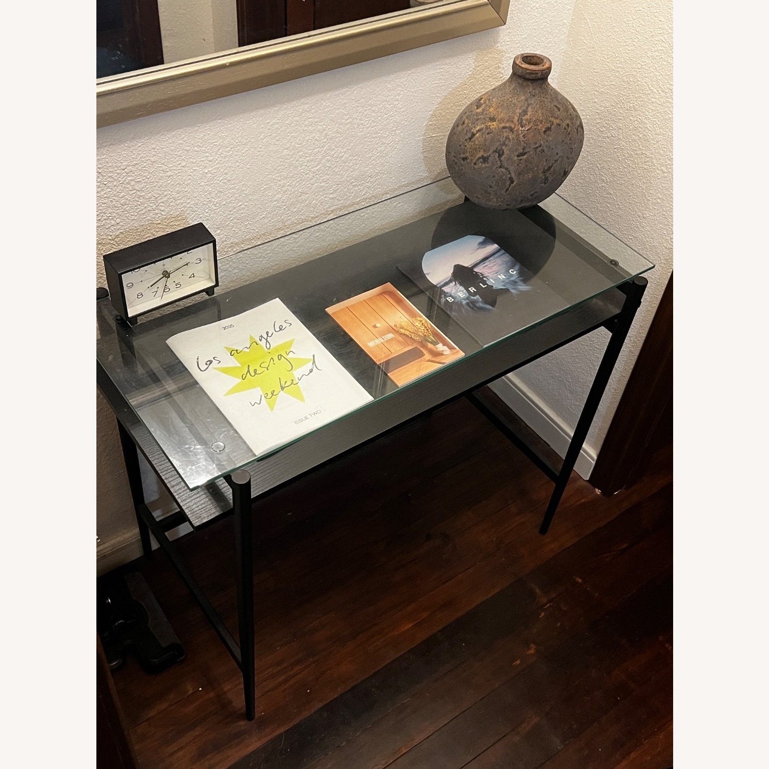 Mid-Century Glass Desk with Woodgrain Shelf - image-4