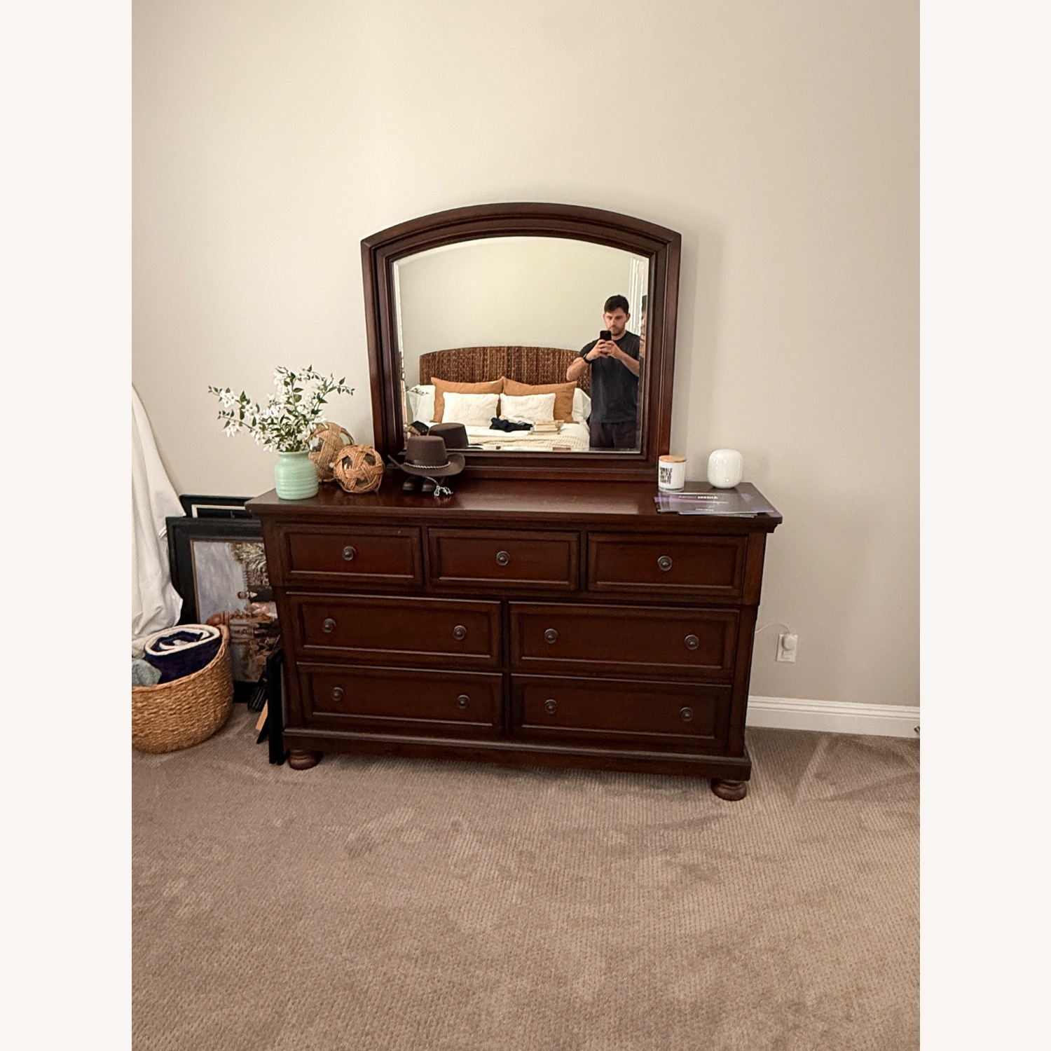 Dark Cherry 7-Drawer Dresser with Mirror - image-1