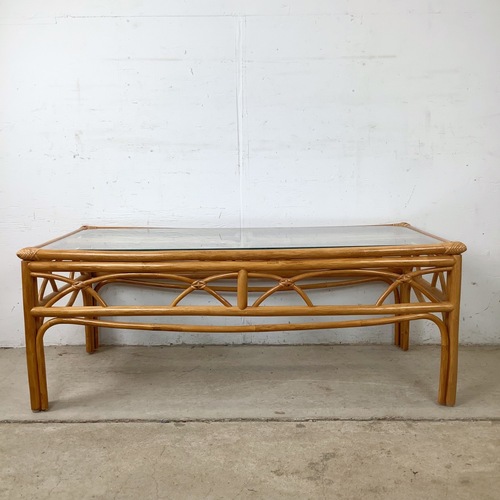 Used Boho Modern Rattan Cocktail Table, Arch Apron for sale on AptDeco