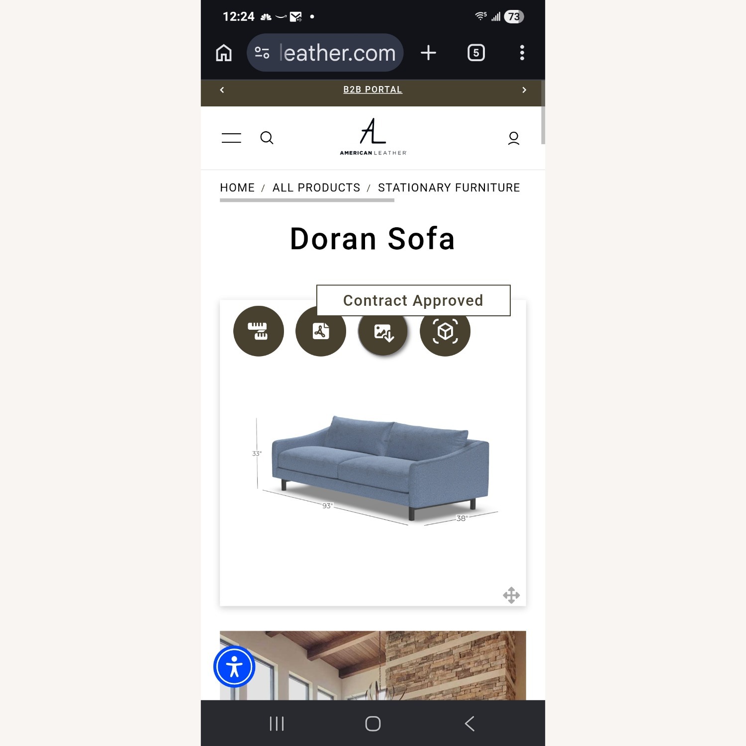 American Leather Blue Haze Fabric Sofa - image-6