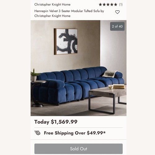 Used Christopher Knight Home Dark Blue Velvet 3 Seater Modular Tufted Sofa for sale on AptDeco