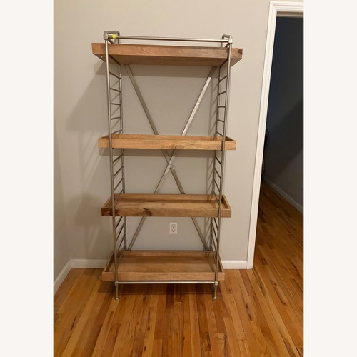 Used Vintage Light Brown Wood Bookcase w Metal Frame for sale on AptDeco