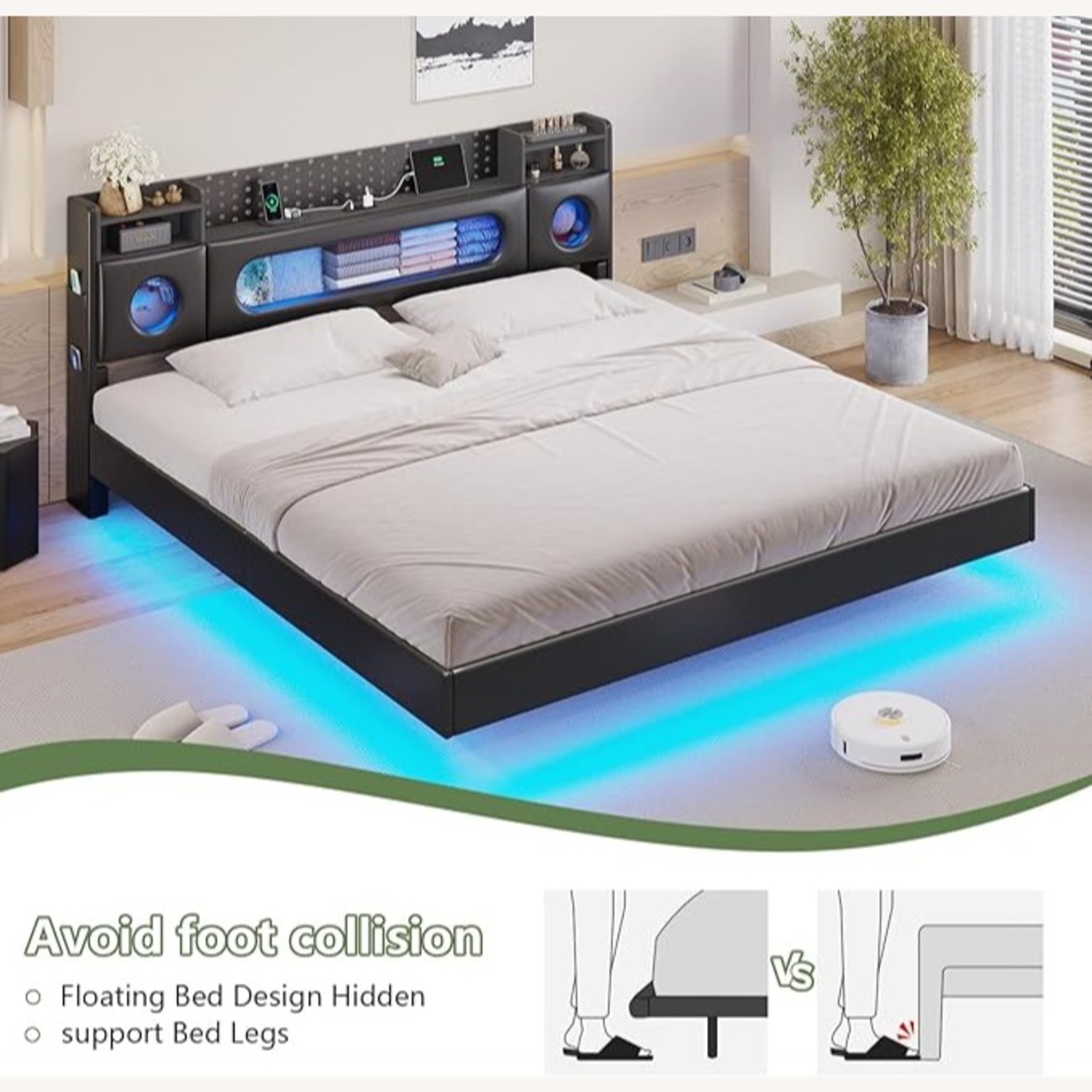 Amazon Dnxao Floating Bed Black Faux Leather King Bed - image-2