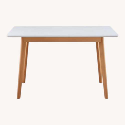 Used Wood Dining Table & Fabric Dining Chairs for sale on AptDeco