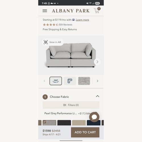 Used Albany Park Light Gray Fabric 2 Piece Sectional for sale on AptDeco