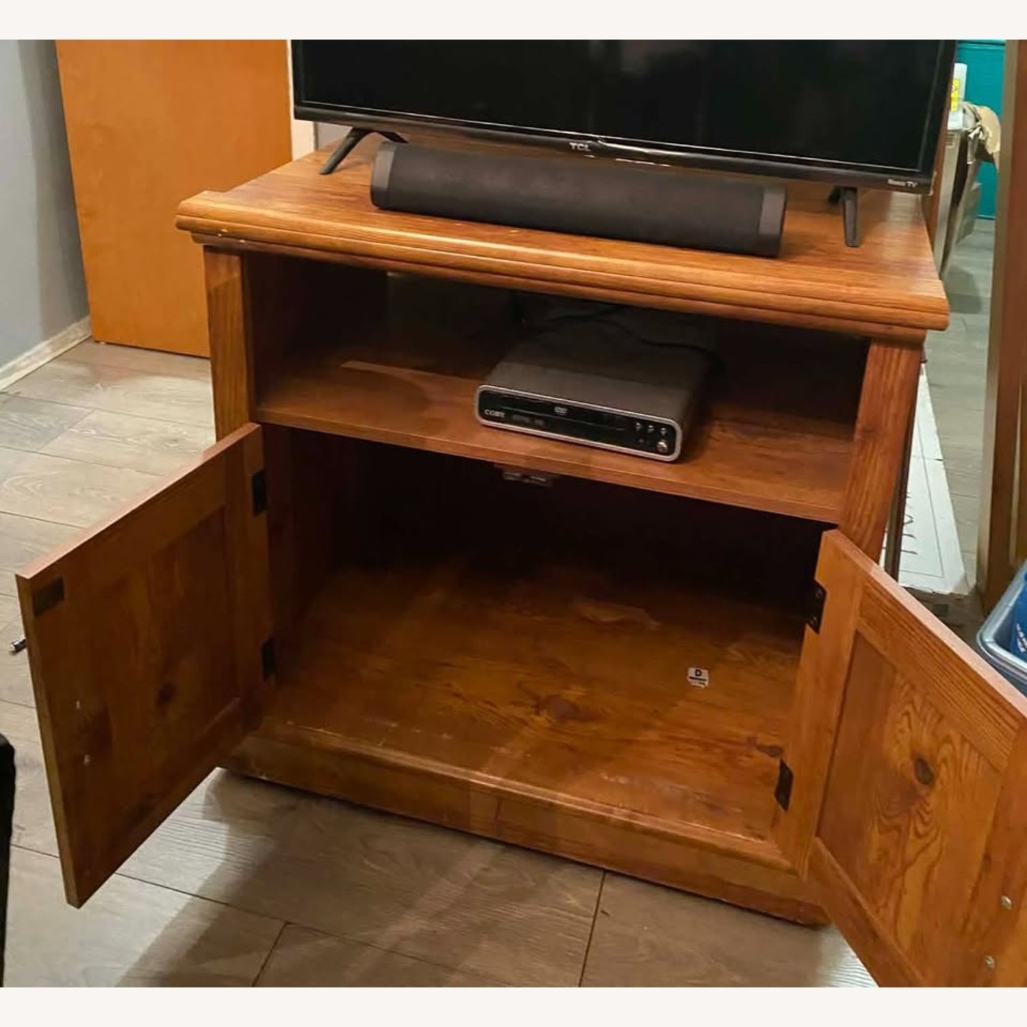 Vintage Solid Wood Media Cabinet Rustic Honey Fin - image-3