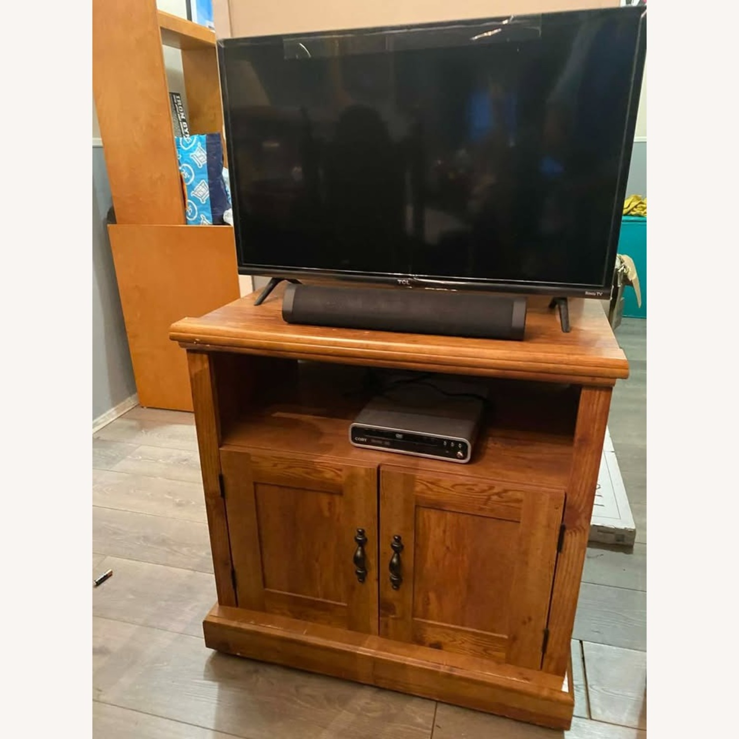 Vintage Solid Wood Media Cabinet Rustic Honey Fin - image-4