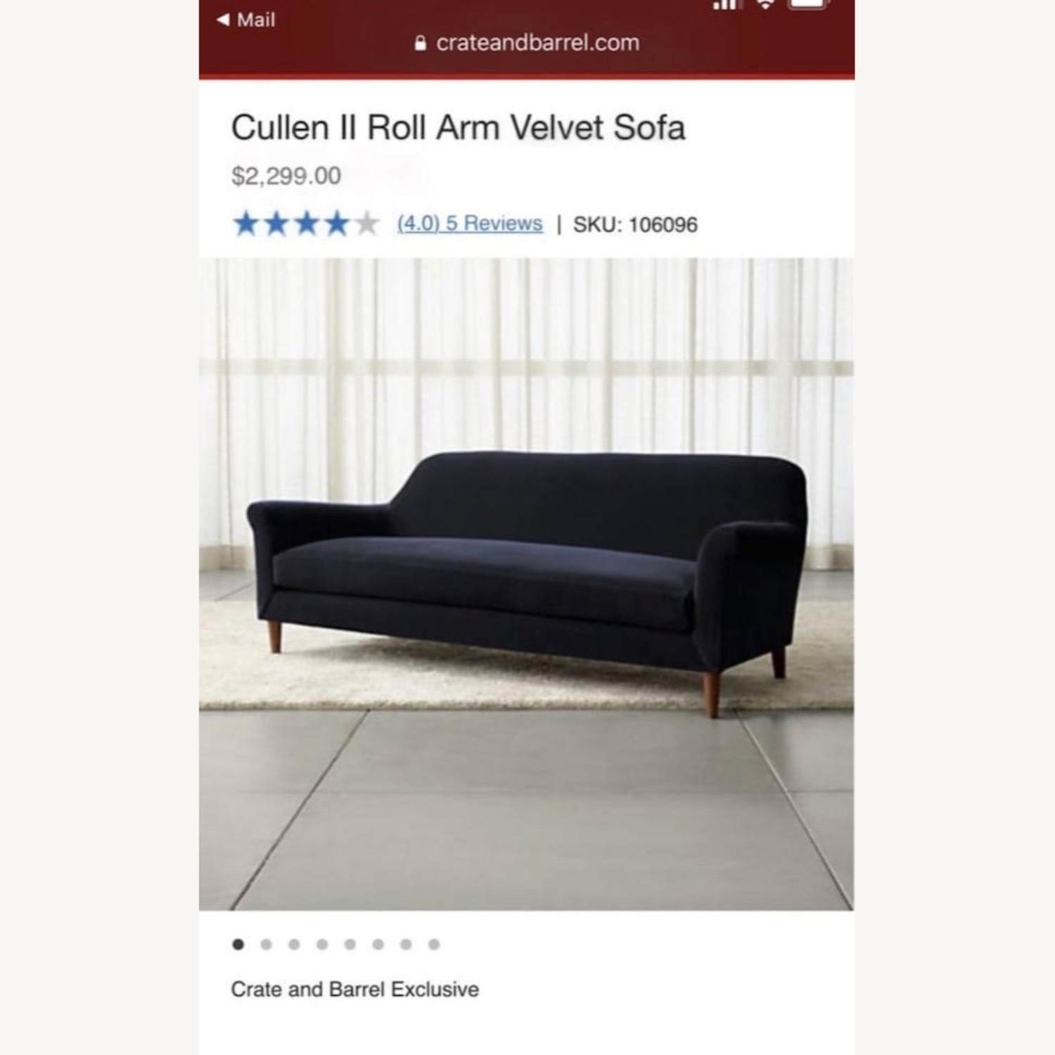 Crate & Barrel Cullen II Roll Arm Velvet Sofa - image-4