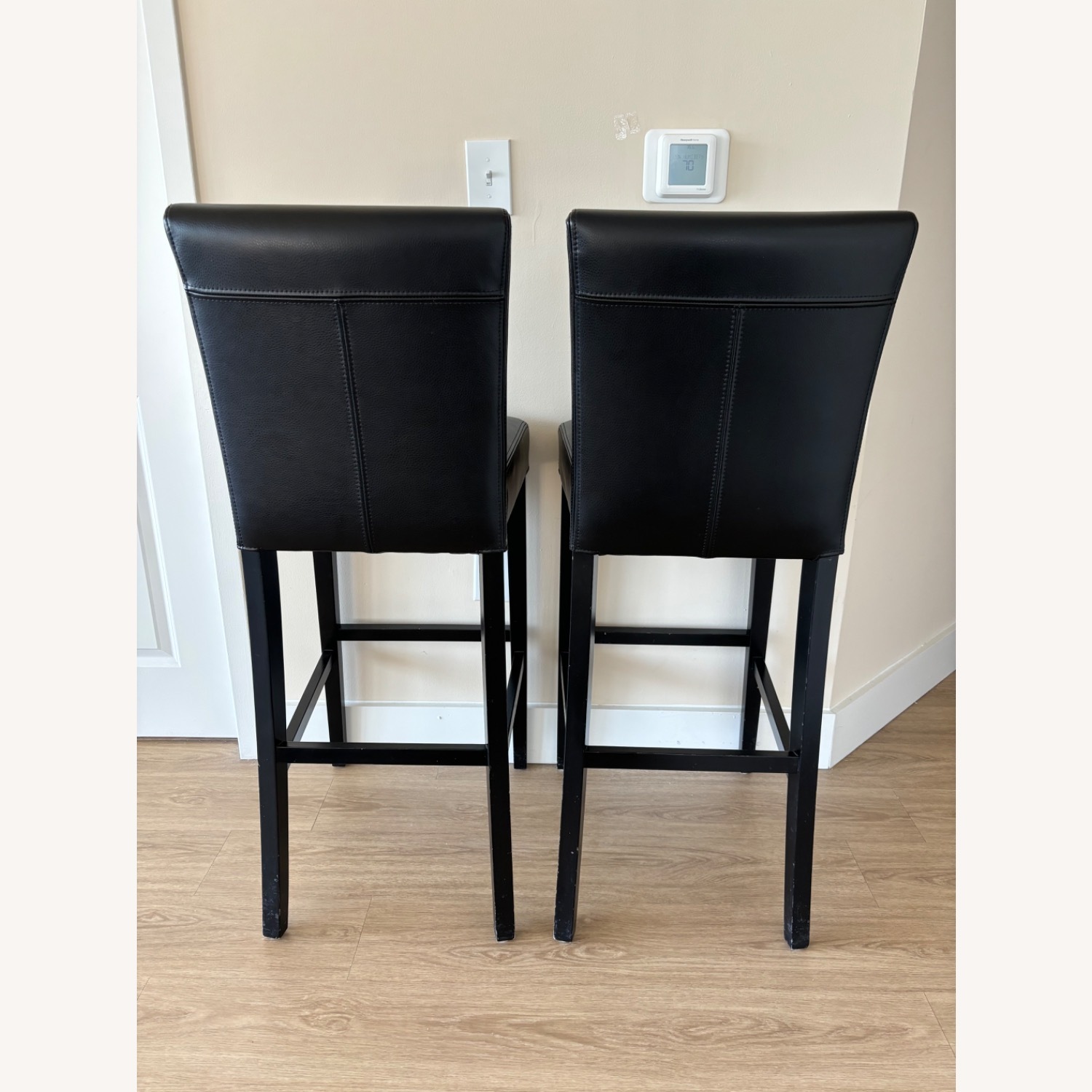Crate & Barrel Lowe Black Leather Bar Stool Chairs - image-5