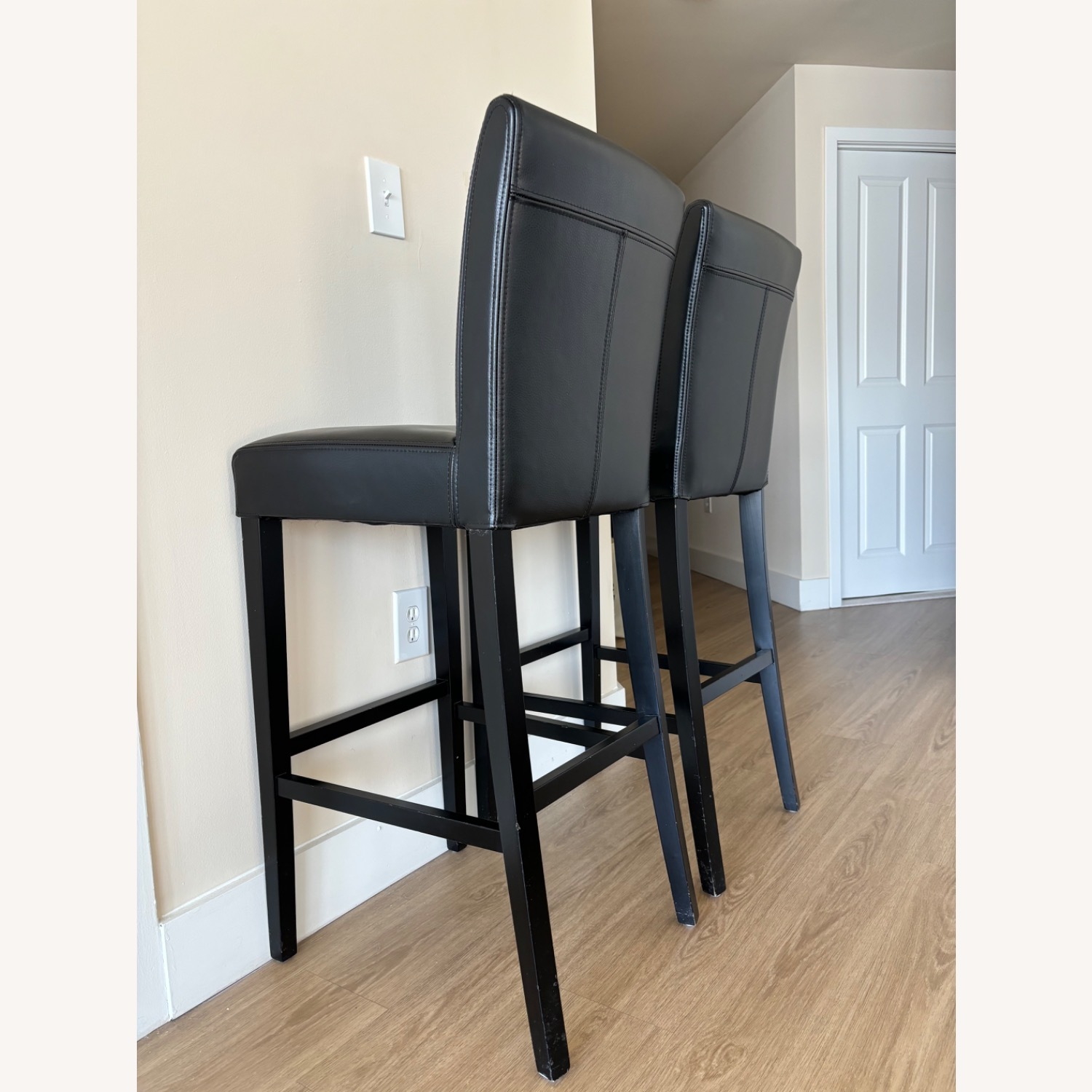 Crate & Barrel Lowe Black Leather Bar Stool Chairs - image-2