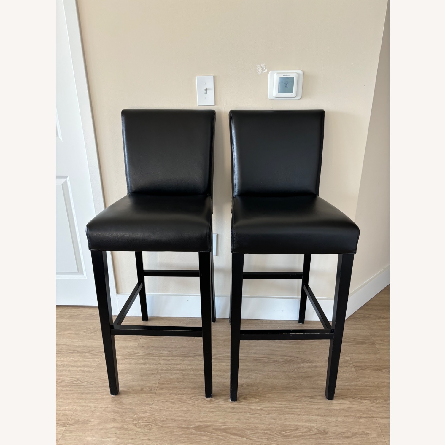 Crate & Barrel Lowe Black Leather Bar Stool Chairs - image-6