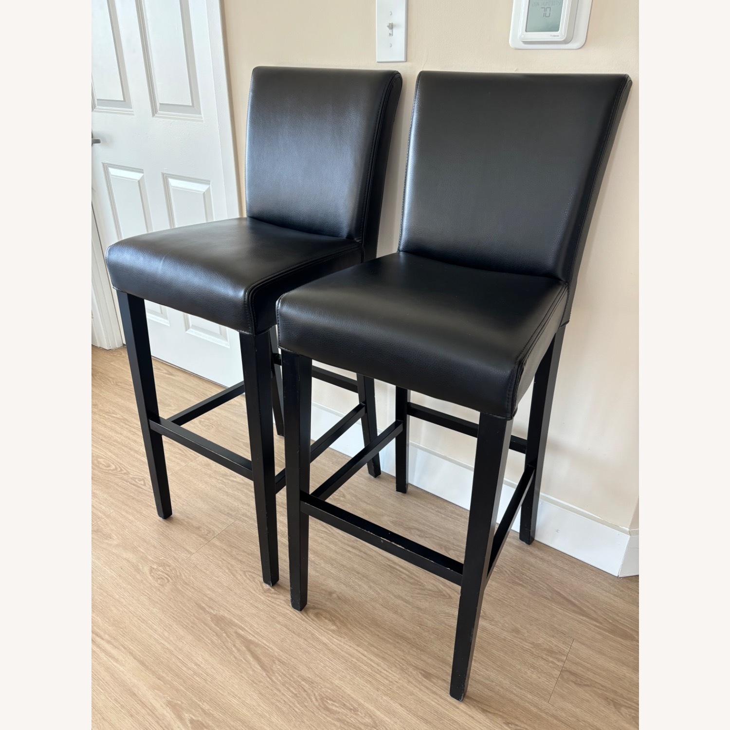 Crate & Barrel Lowe Black Leather Bar Stool Chairs - image-4