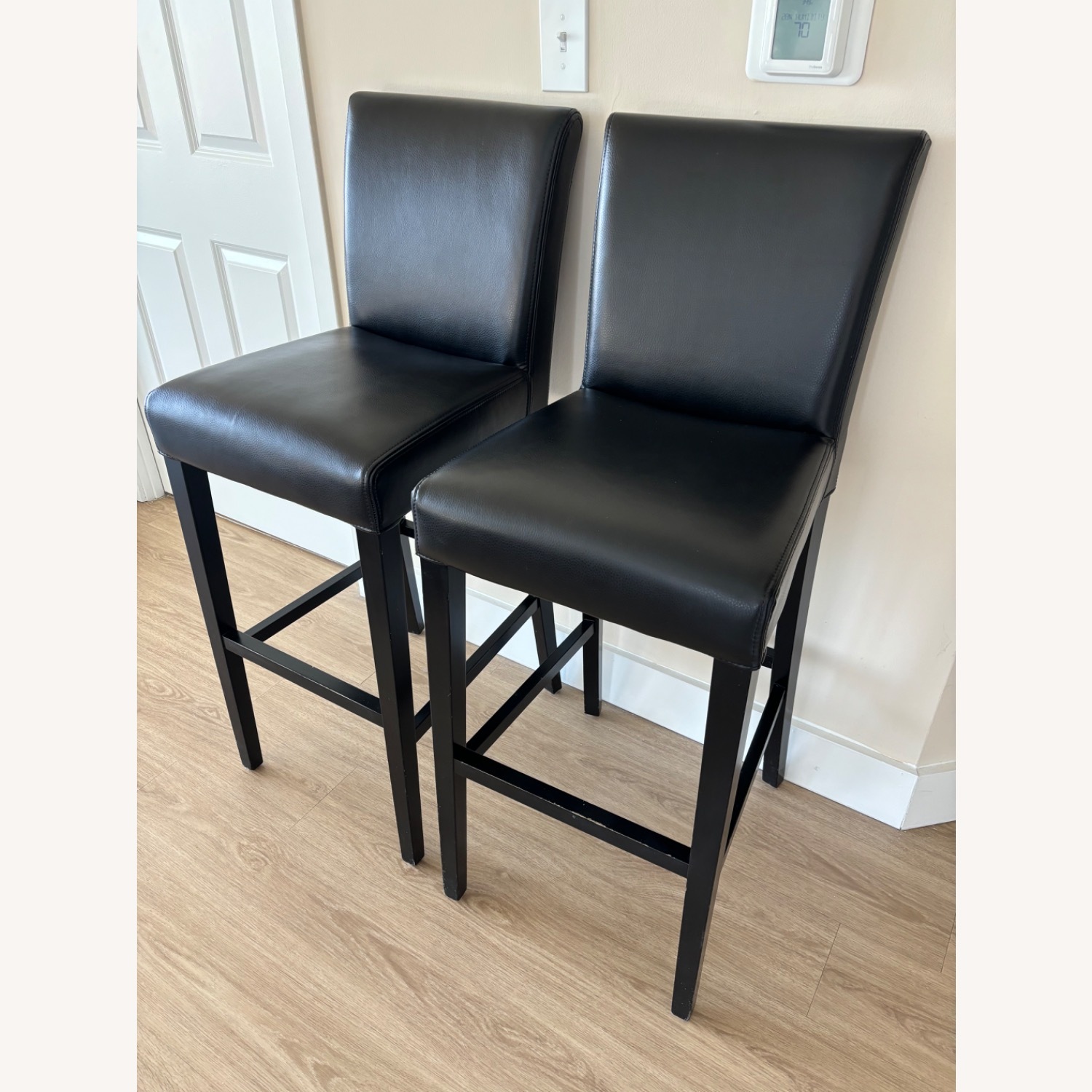 Crate & Barrel Lowe Black Leather Bar Stool Chairs - image-3