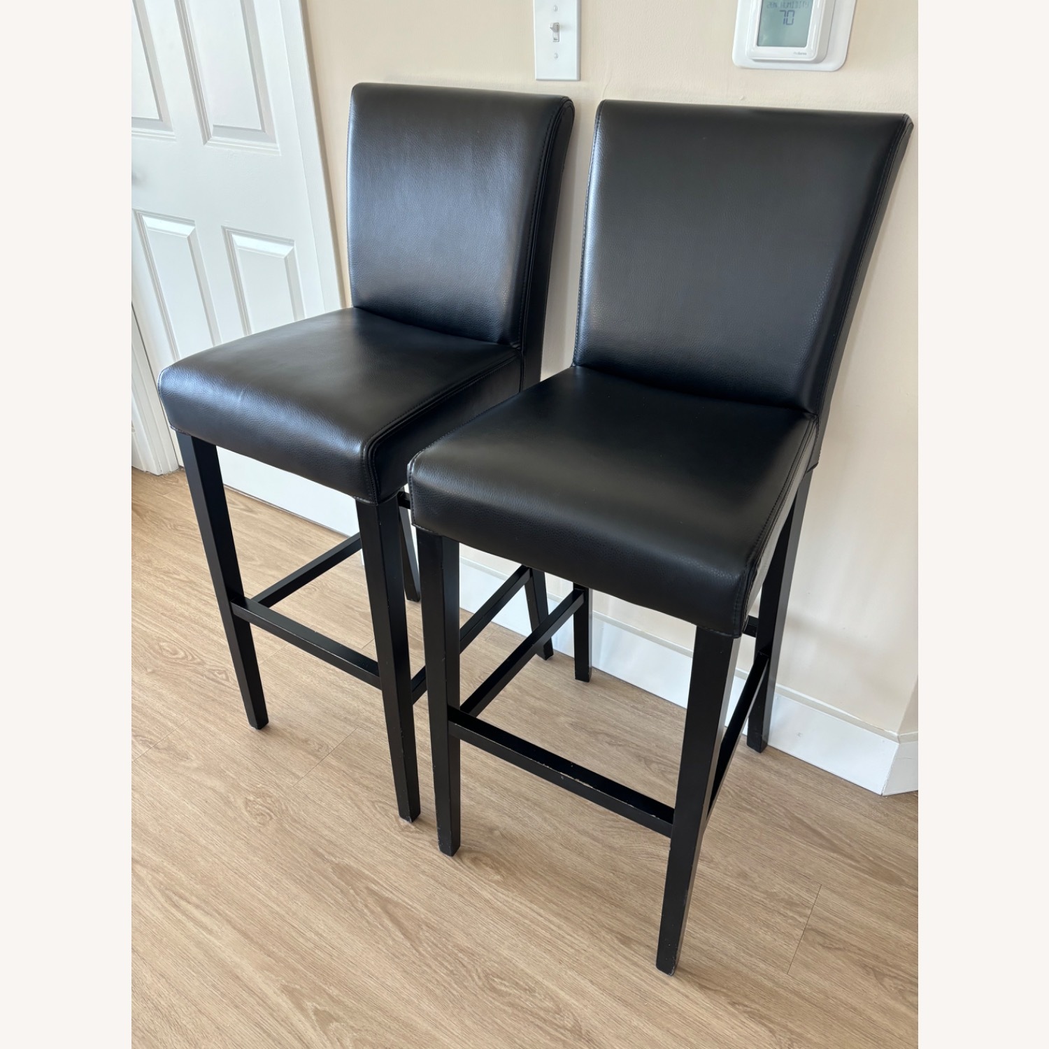 Crate & Barrel Lowe Black Leather Bar Stool Chairs - image-7