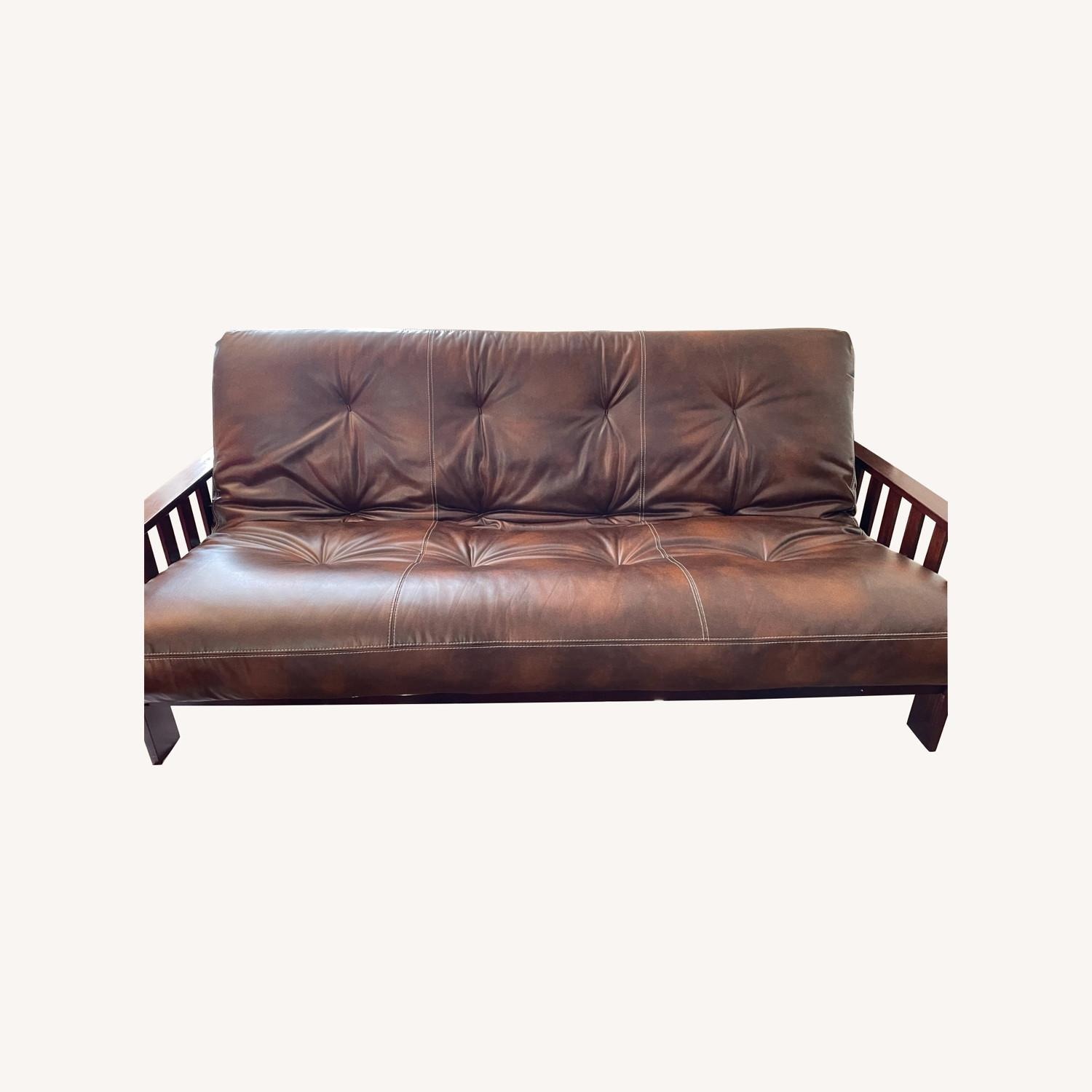 Dark Brown Futon Frame W Faux Leather Mattress - image-1
