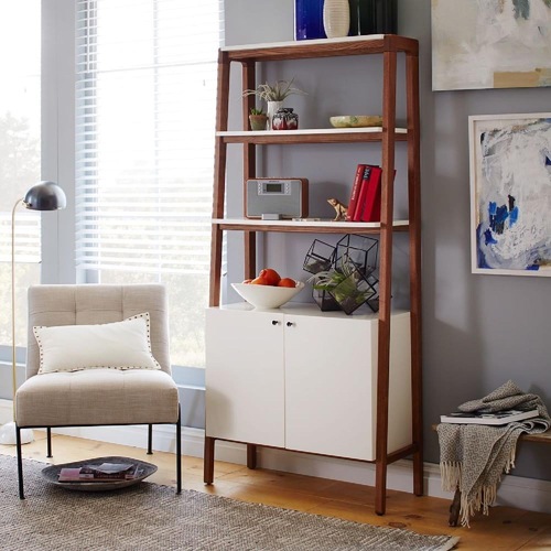Used West Elm Modern Wall Cabinet Bookcase, Pecan/White for sale on AptDeco